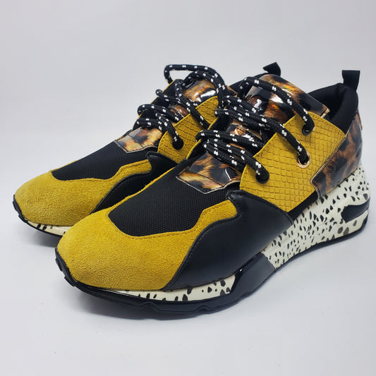 Steve Madden Women Cliff Wedge Yellow Suede w/ Leopard Print Sneaker Womens Size 10
