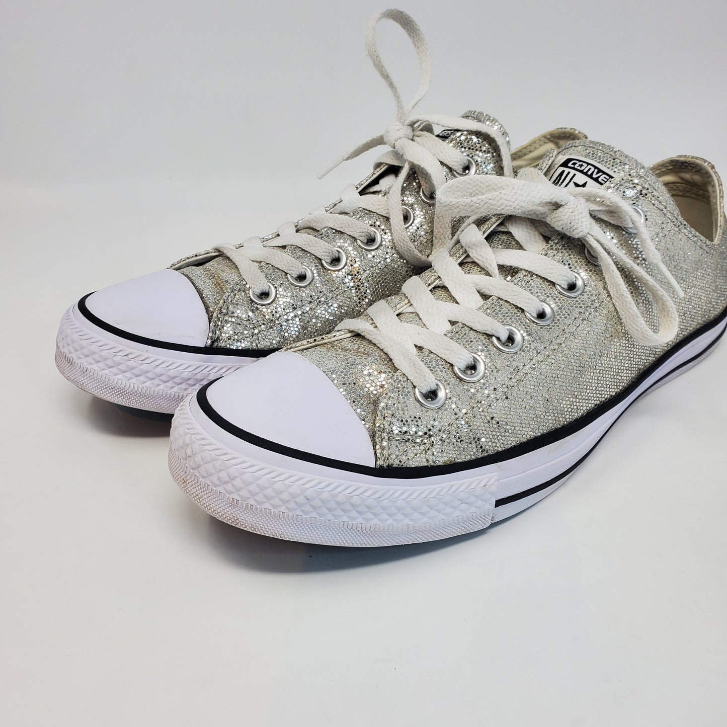 "Pre-Owned" Silver Glitter Sequince Converse Men-9  Women's 11