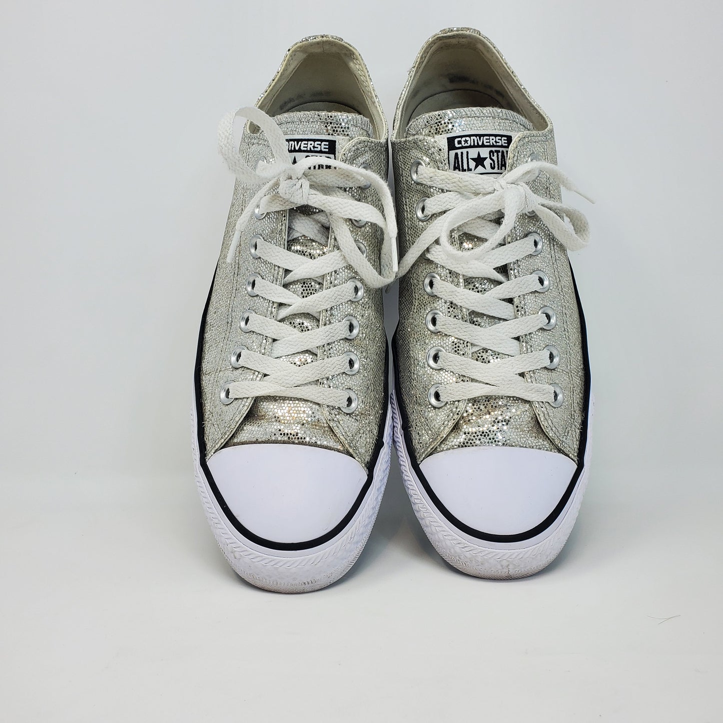 "Pre-Owned" Silver Glitter Sequince Converse Men-9  Women's 11