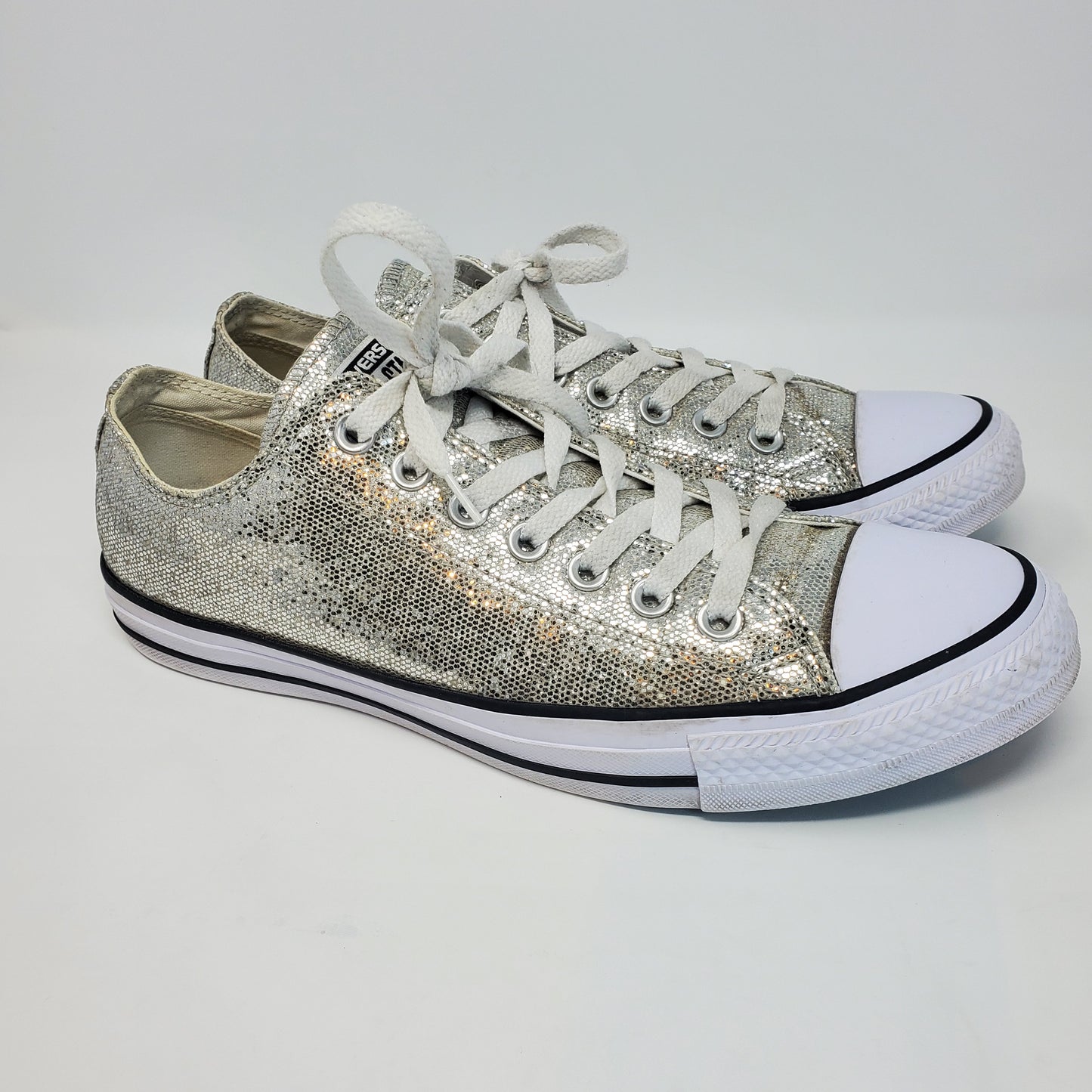 "Pre-Owned" Silver Glitter Sequince Converse Men-9  Women's 11