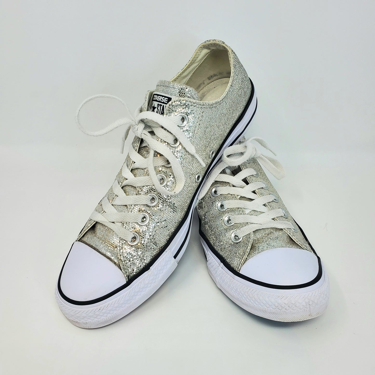 "Pre-Owned" Silver Glitter Sequince Converse Men-9  Women's 11