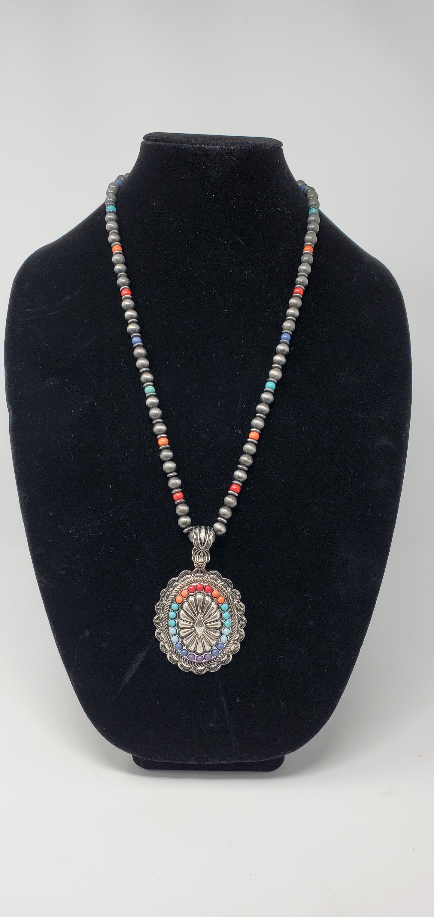 Rainbow Concho Pendant Necklace 16" with Faux Grey Pearls