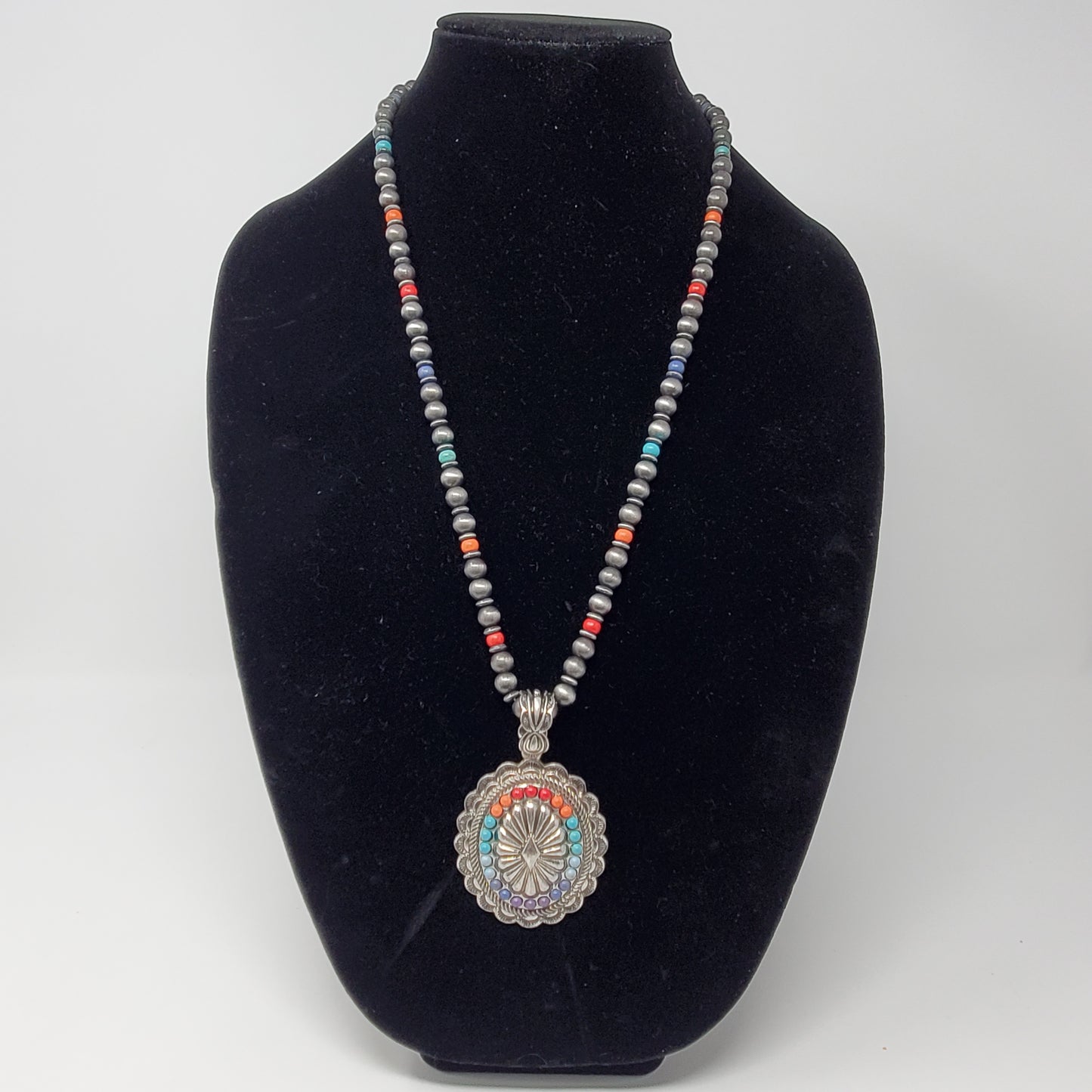 Rainbow Concho Pendant Necklace 16" with Faux Grey Pearls