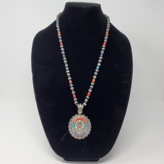 Rainbow Concho Pendant Necklace 16" with Faux Grey Pearls