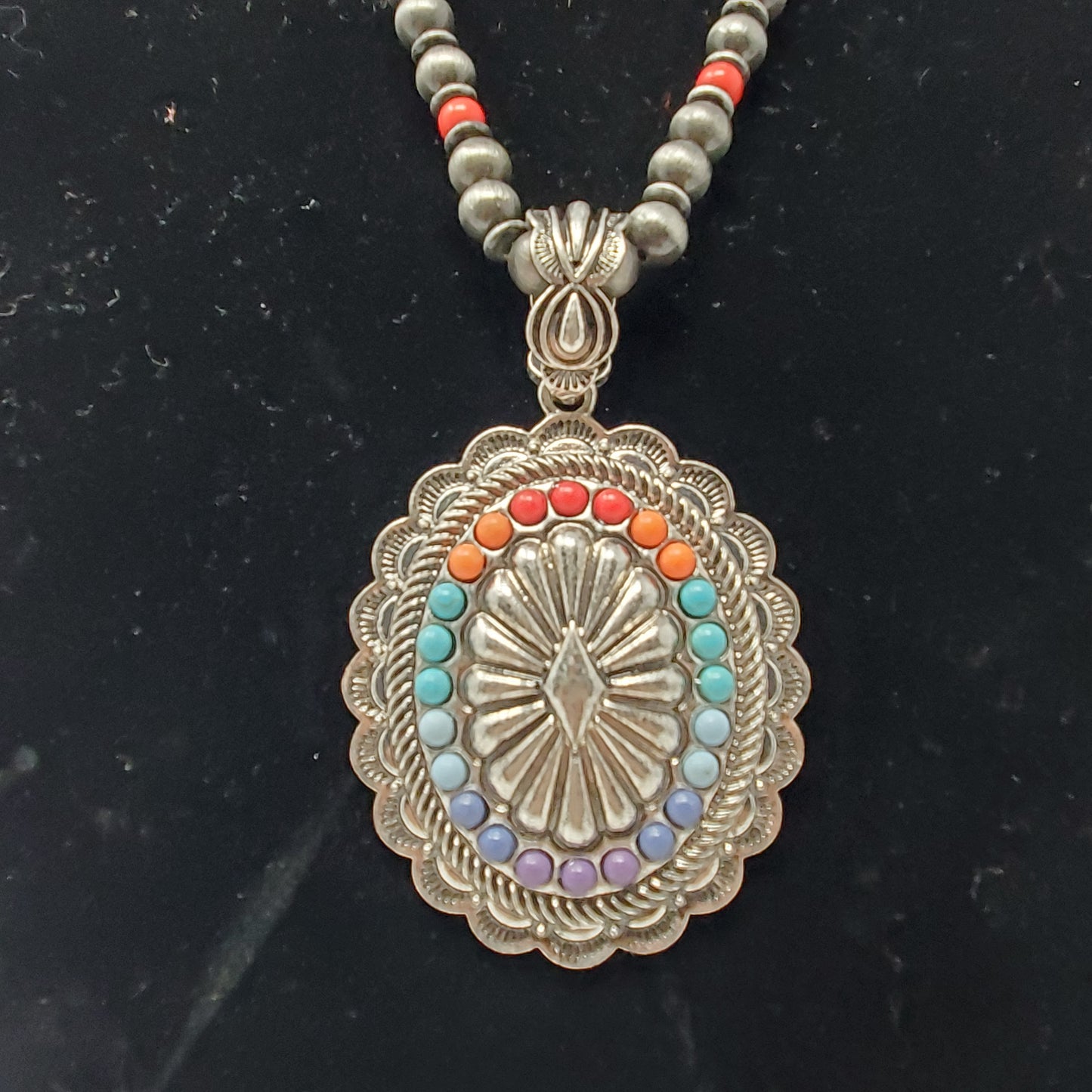 Rainbow Concho Pendant Necklace 16" with Faux Grey Pearls