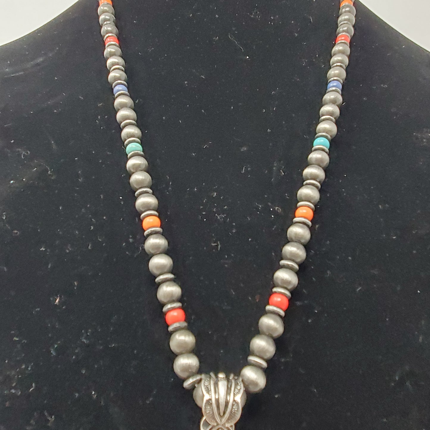 Rainbow Concho Pendant Necklace 16" with Faux Grey Pearls