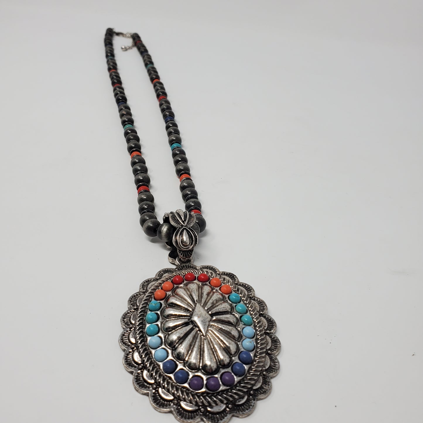 Rainbow Concho Pendant Necklace 16" with Faux Grey Pearls