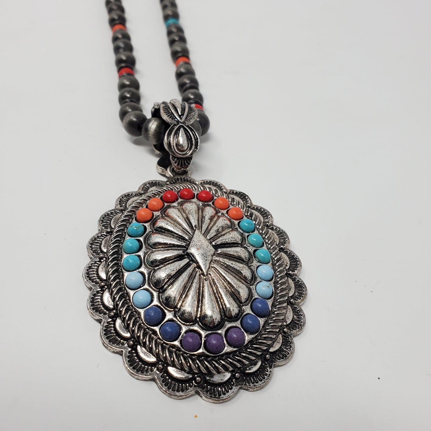 Rainbow Concho Pendant Necklace 16" with Faux Grey Pearls