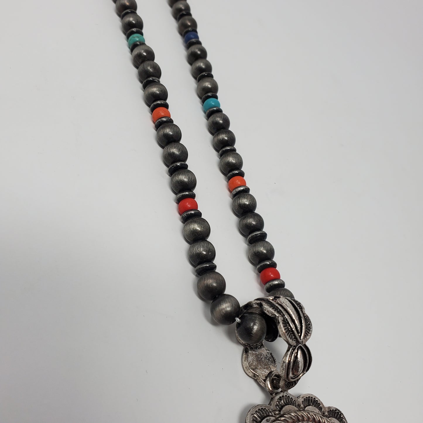 Rainbow Concho Pendant Necklace 16" with Faux Grey Pearls