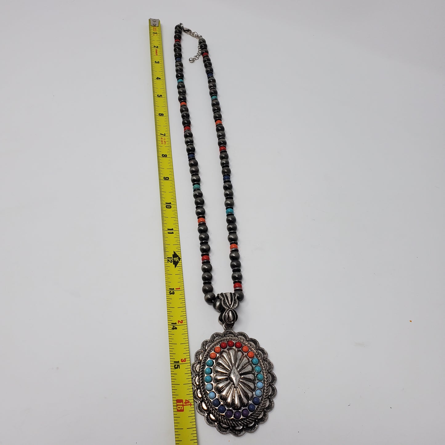 Rainbow Concho Pendant Necklace 16" with Faux Grey Pearls