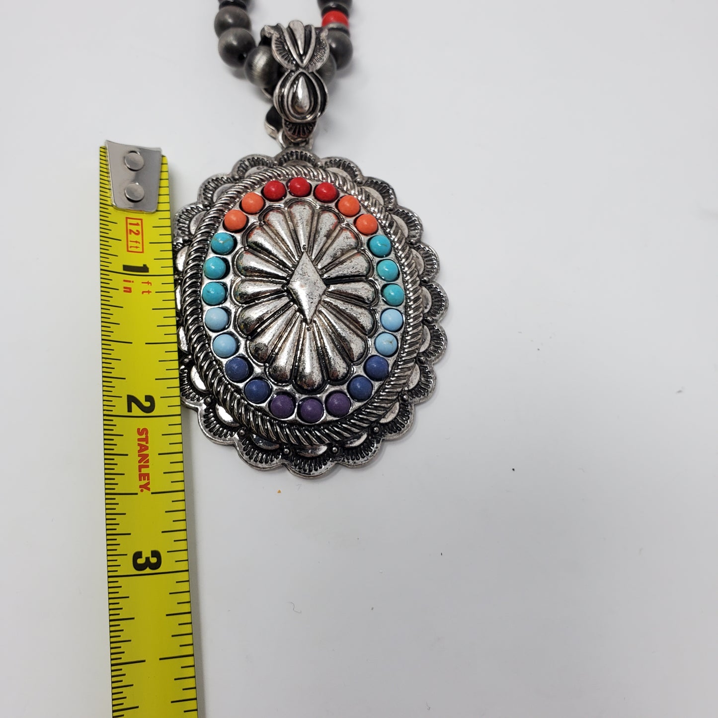 Rainbow Concho Pendant Necklace 16" with Faux Grey Pearls