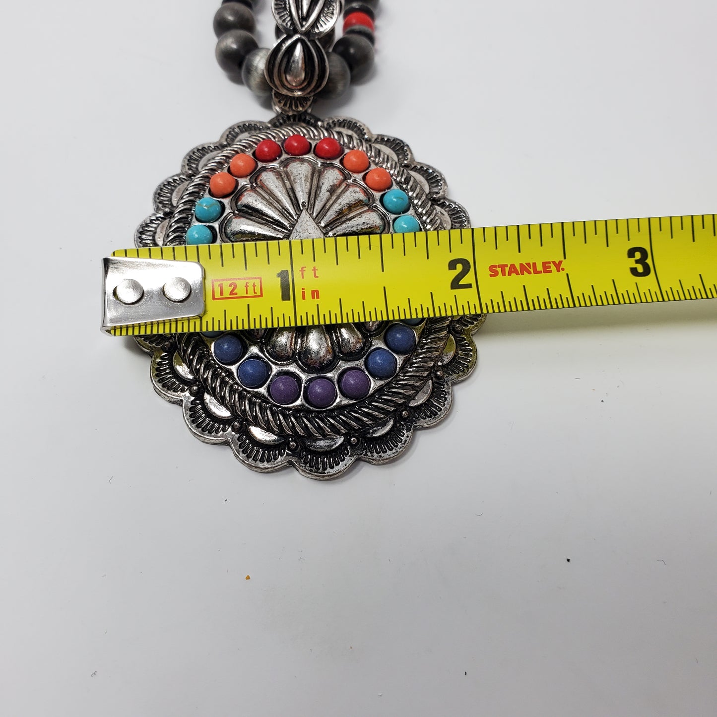 Rainbow Concho Pendant Necklace 16" with Faux Grey Pearls