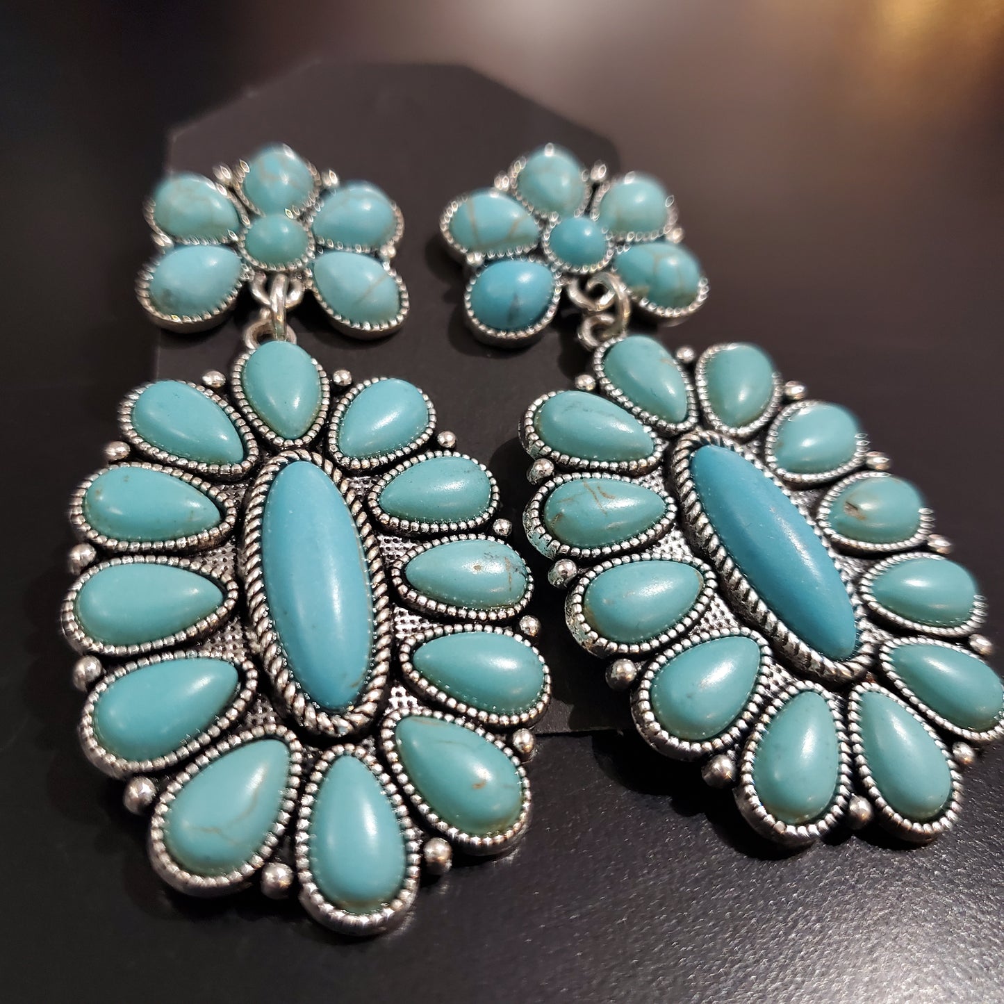 Faux turquoise earrings Squash Blossom style