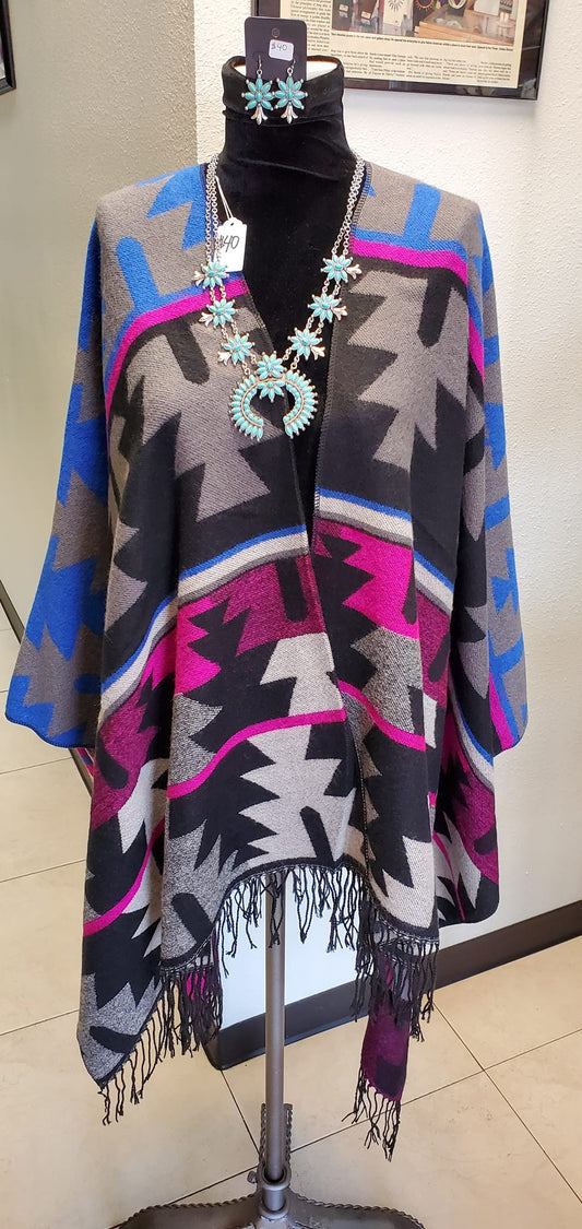 Gray Pink  Blue and Black Tribal Print Acrylic Shawl with Fringe