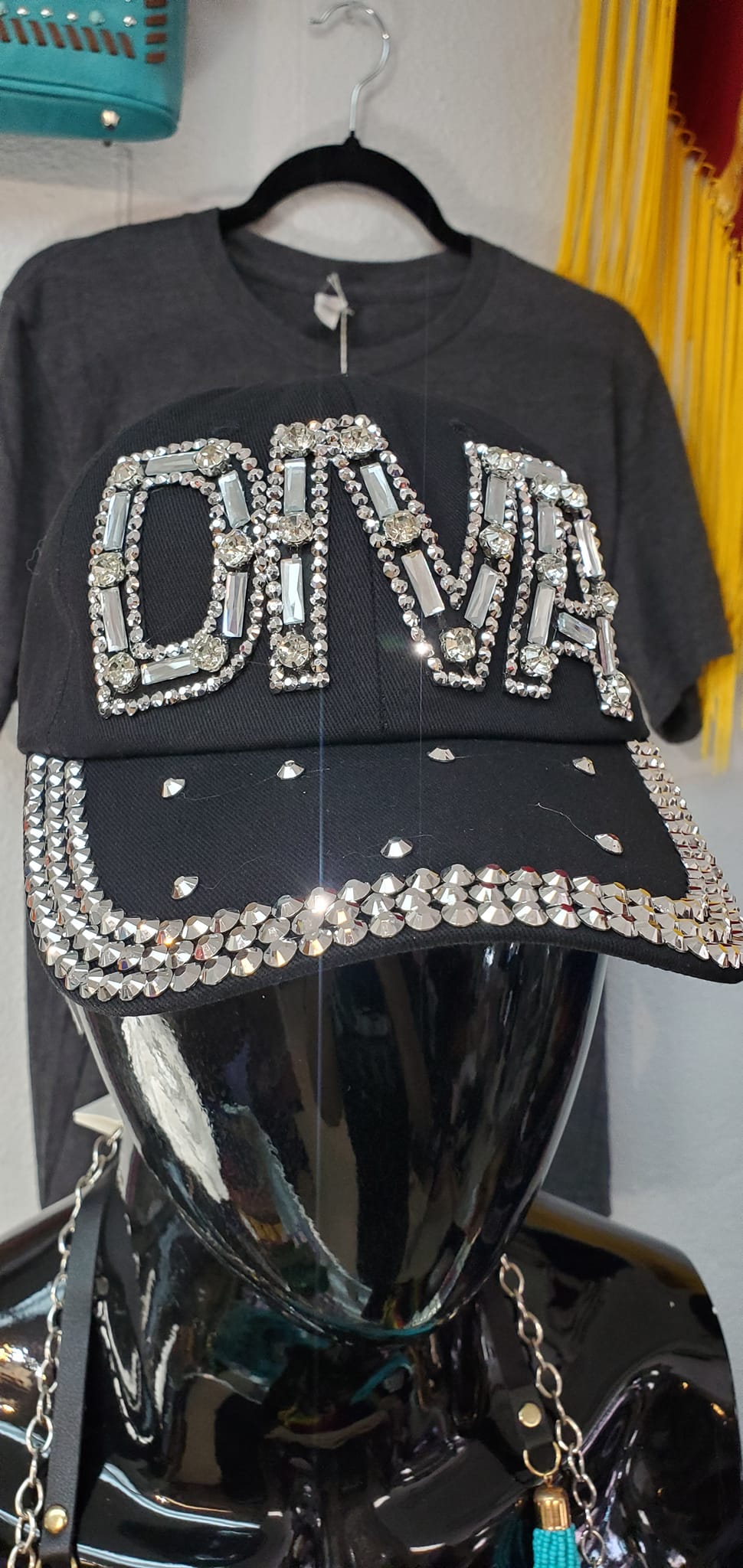 Black Denim Rhinestone Diva Ball Cap