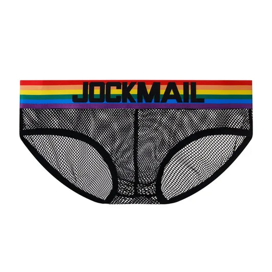 Mens Jockmail Black Mesh See Through Pride Theme Underwear 32-38 waist