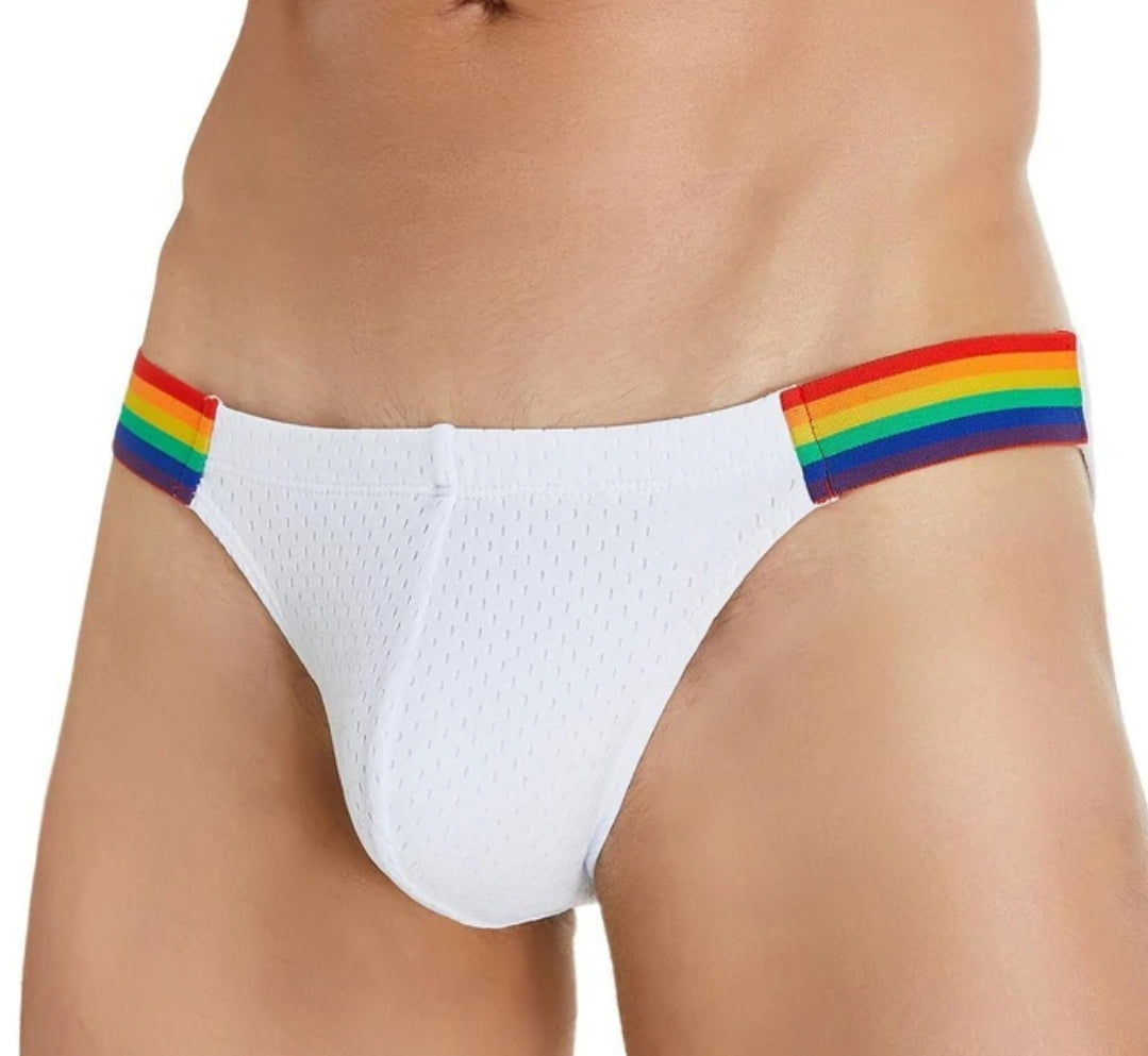 XXL Men's White Mesh Briefs w Pride Rainbow Waistband fits 32-37