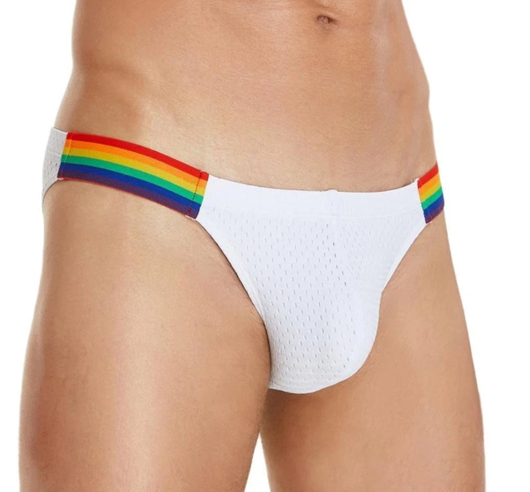 XXL Men's White Mesh Briefs w Pride Rainbow Waistband fits 32-37