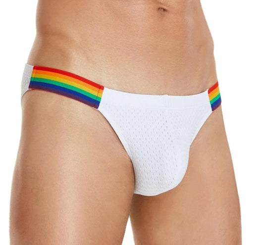 XXL Men's White Mesh Briefs w Pride Rainbow Waistband fits 32-37