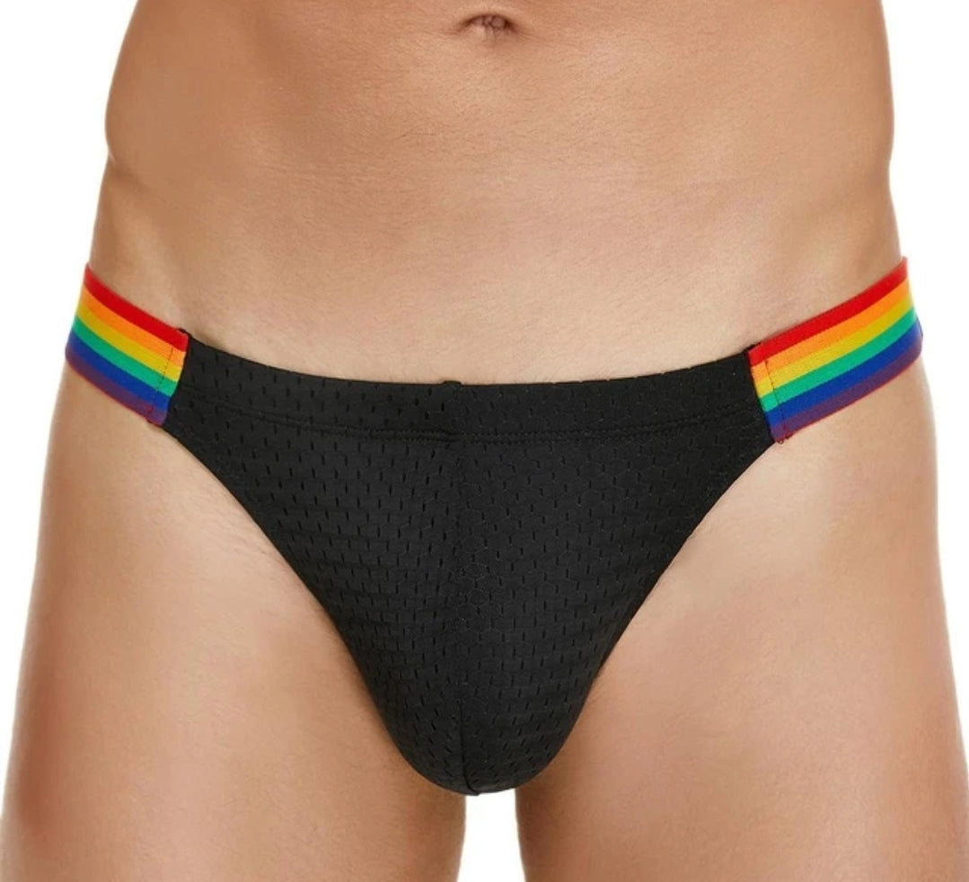 Mens Mesh Briefs w Pride Rainbow Elastic Belt band XXL fits 32-37