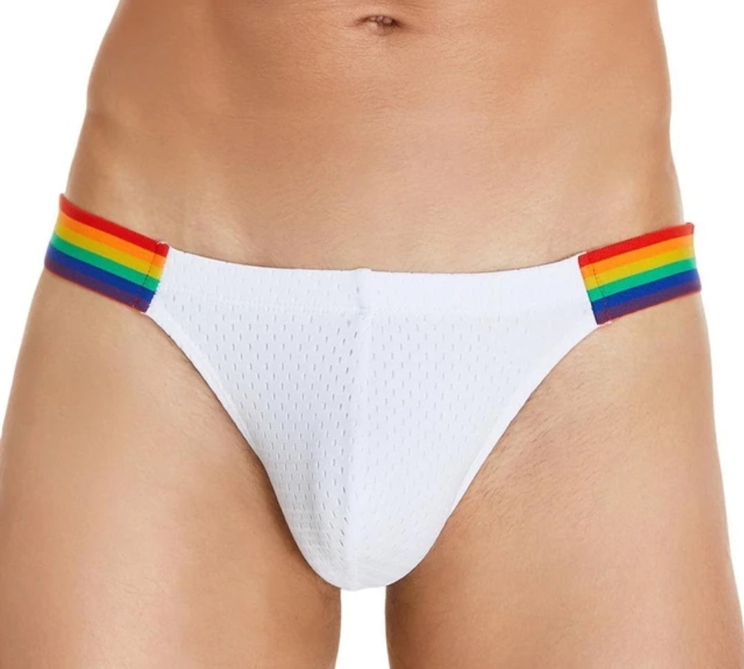 XXL Men's White Mesh Briefs w Pride Rainbow Waistband fits 32-37